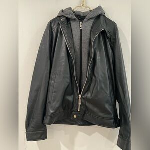 ZARA MAN Double Zipper Faux Leather Jacket Removable Hoodie